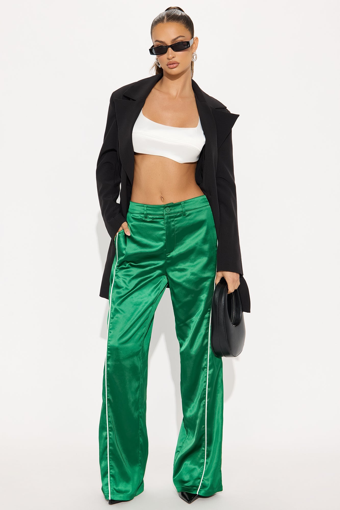 Keep Up With Me Satin Wide Leg Track Pant 33 - Green