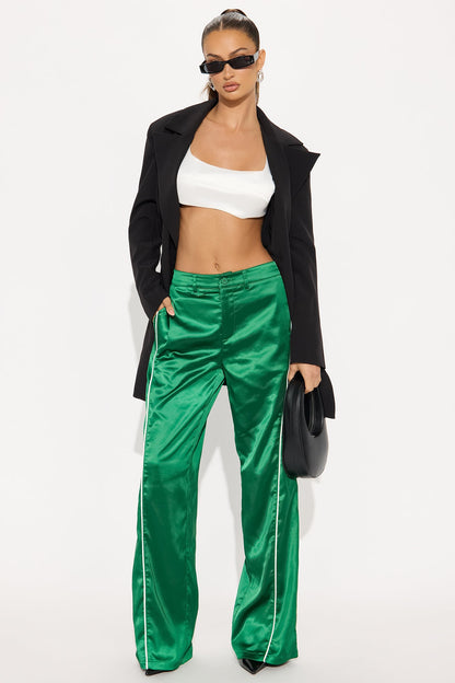 Keep Up With Me Satin Wide Leg Track Pant 33 - Green