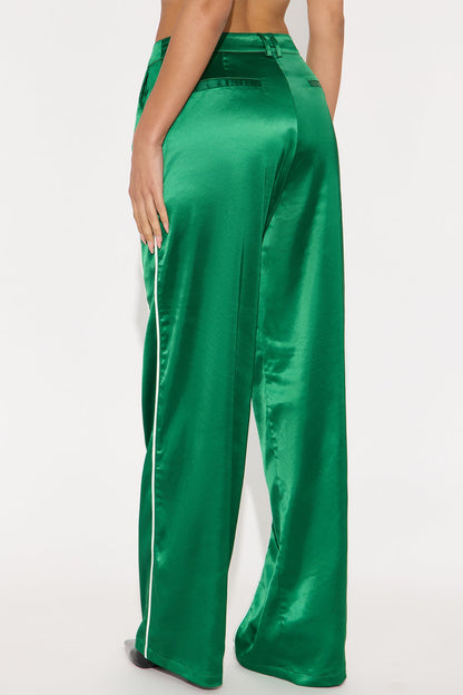 Keep Up With Me Satin Wide Leg Track Pant 33 - Green