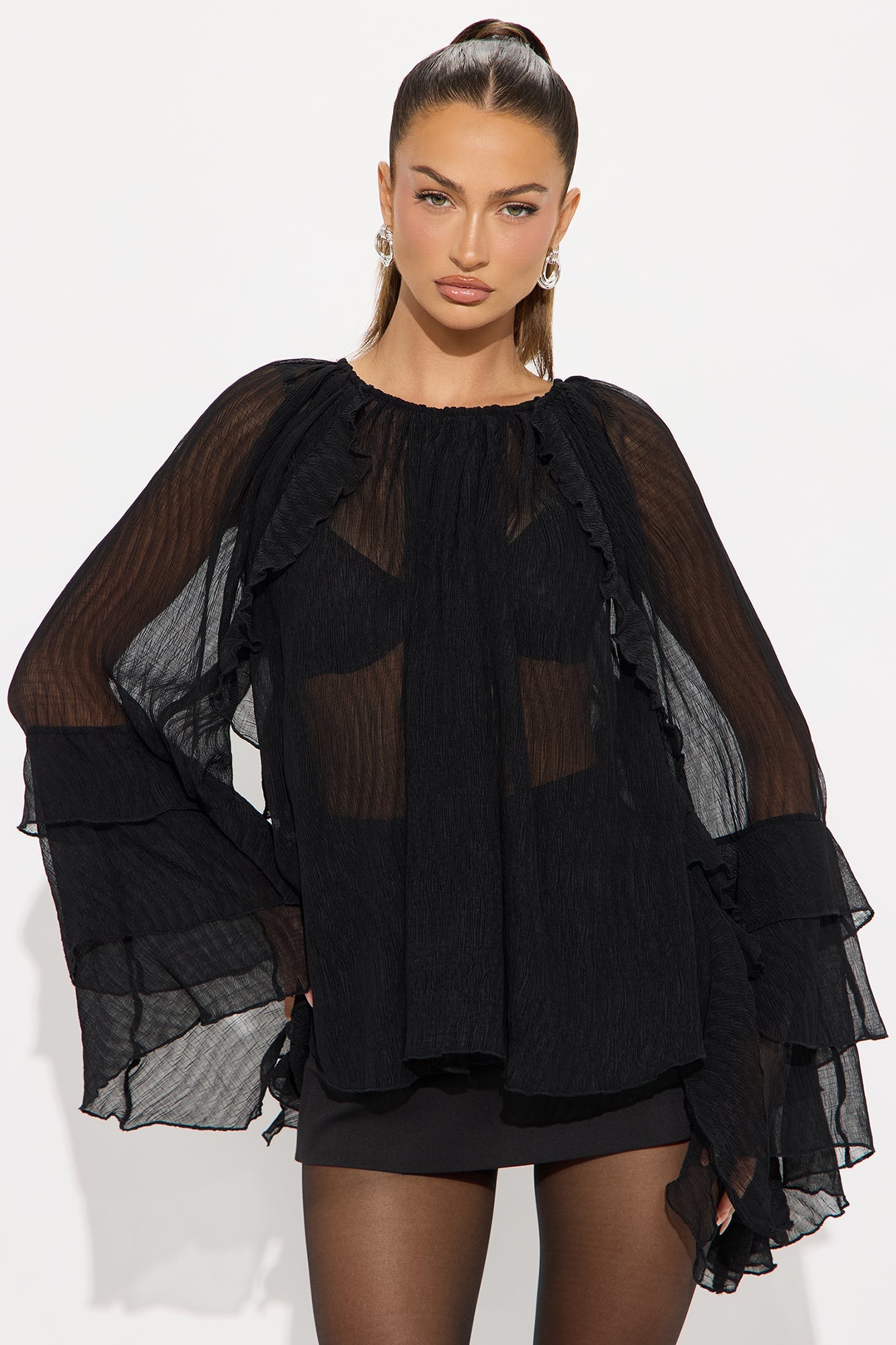 When In Greece Ruffle Airflow Blouse - Black