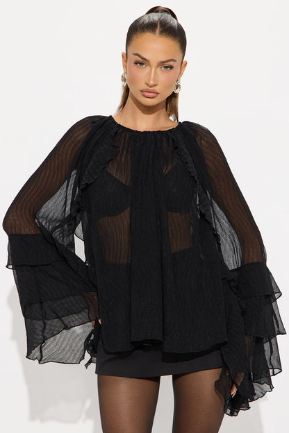 When In Greece Ruffle Airflow Blouse - Black