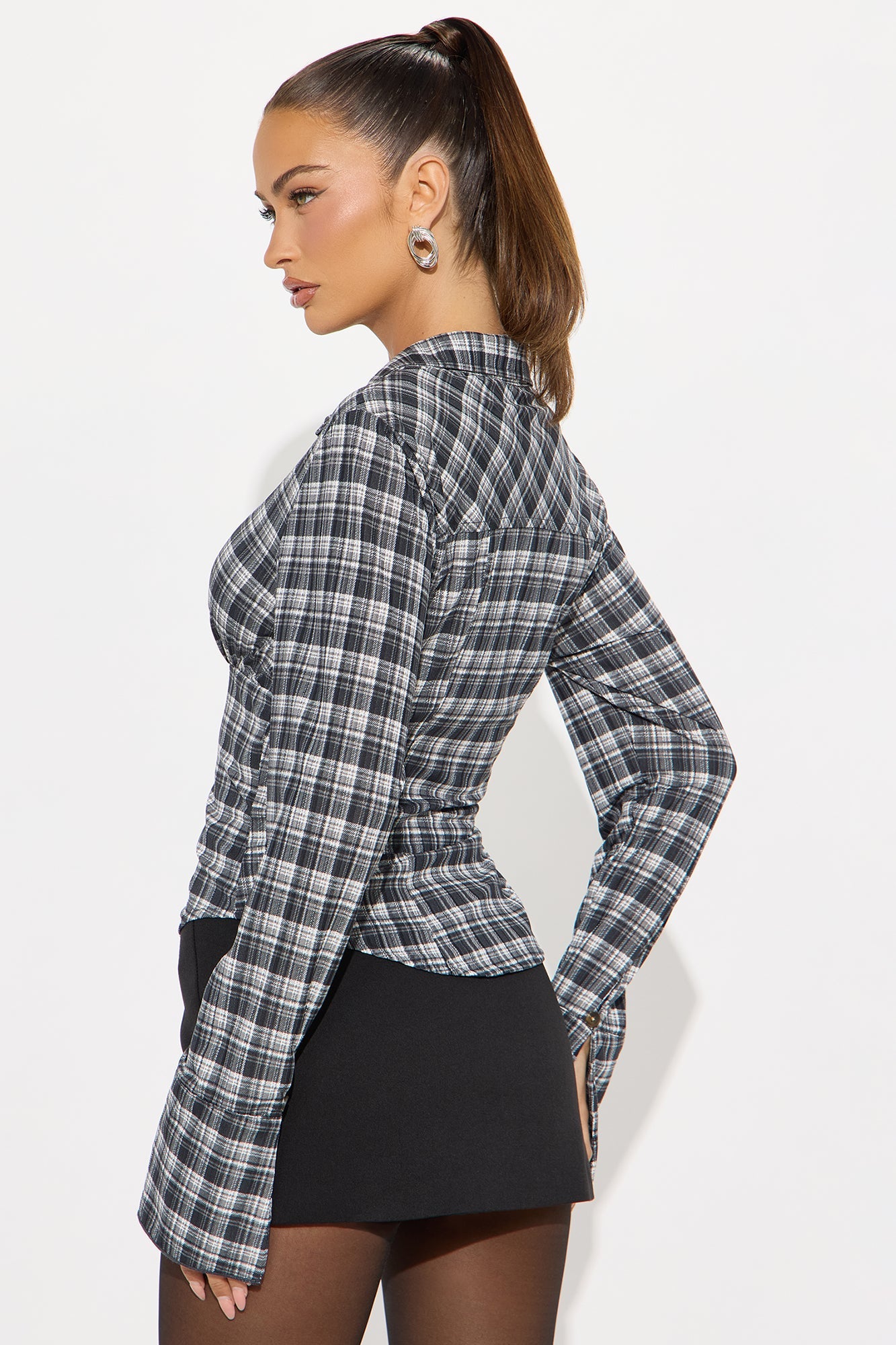 Norah Long Sleeve Button Up Plaid Shirt - Black/White