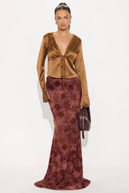 Winter Romance Flocked Velvet Floral Maxi Skirt - Burgundy