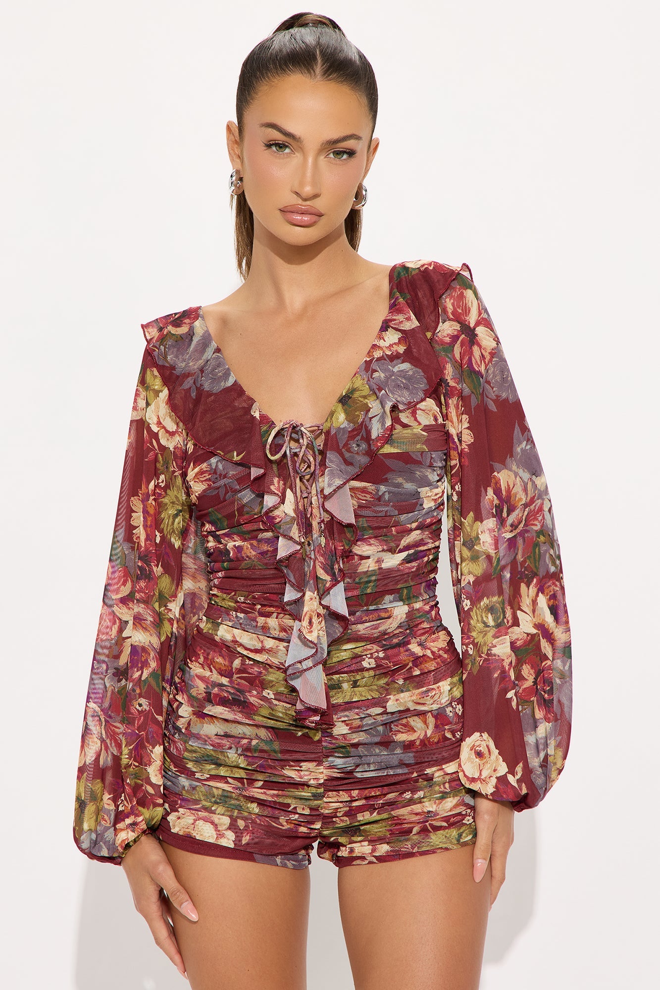 Pretty Please Mesh Floral Romper - Rust/combo