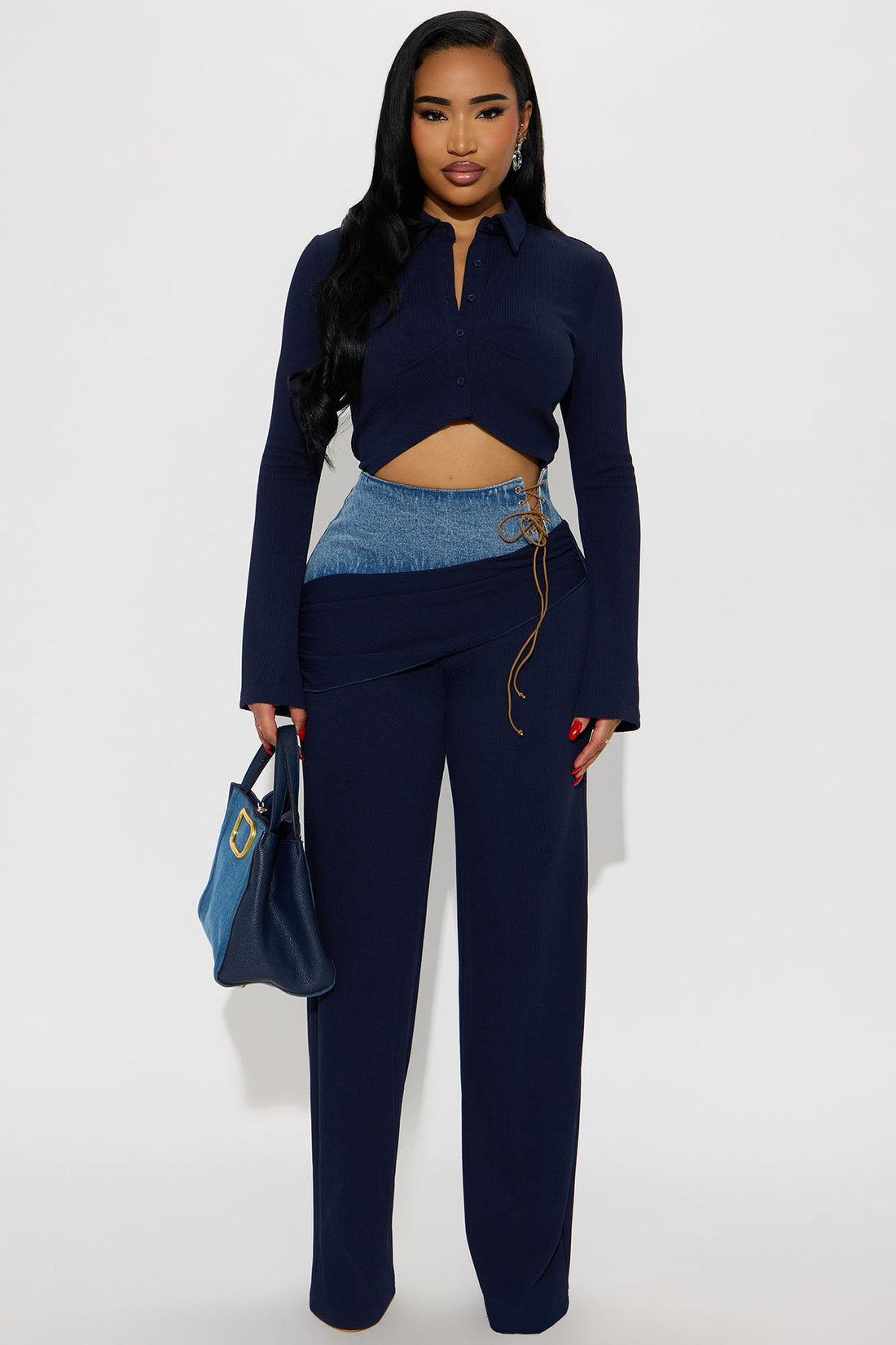 Mix It Up Ribbed Wide Leg Jumpsuit - Navy/combo