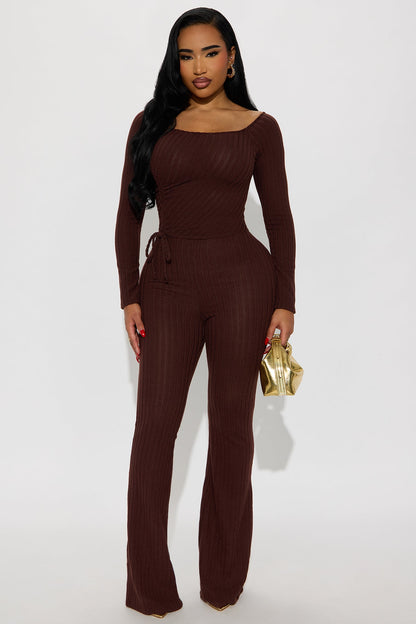 All Access Off Shoulder Flare Leg Jumpsuit - Chocolate