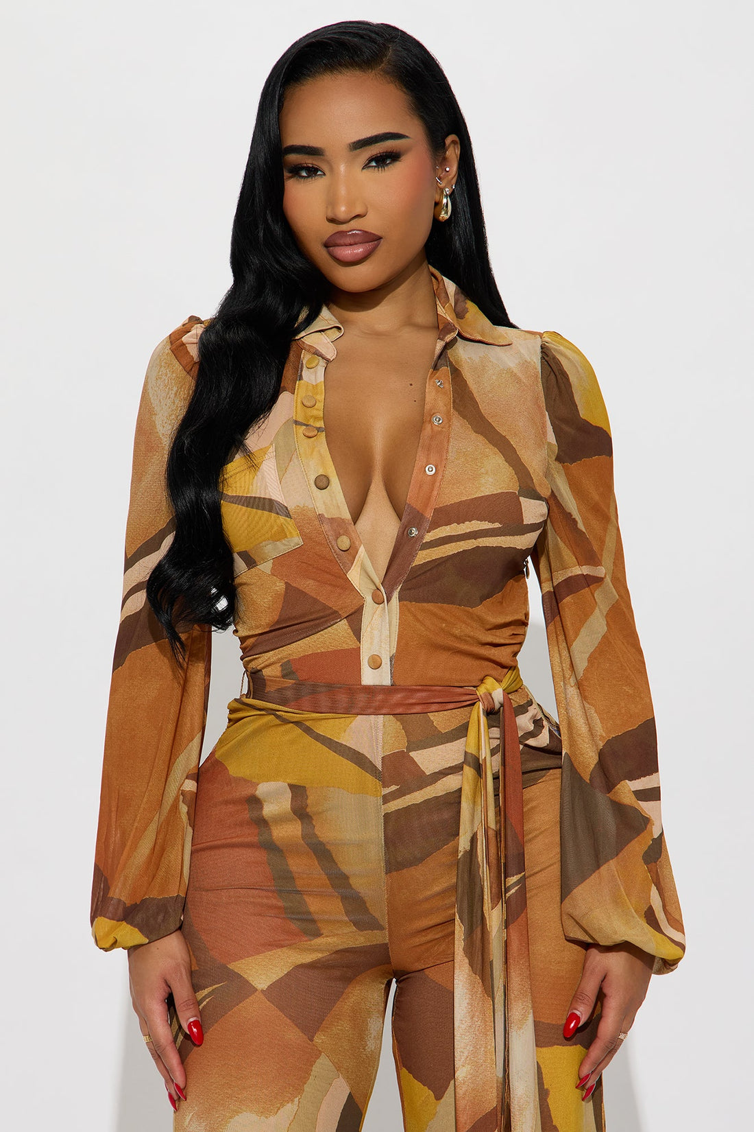Eyes On Me Long Sleeve Mesh Jumpsuit - Rust/combo