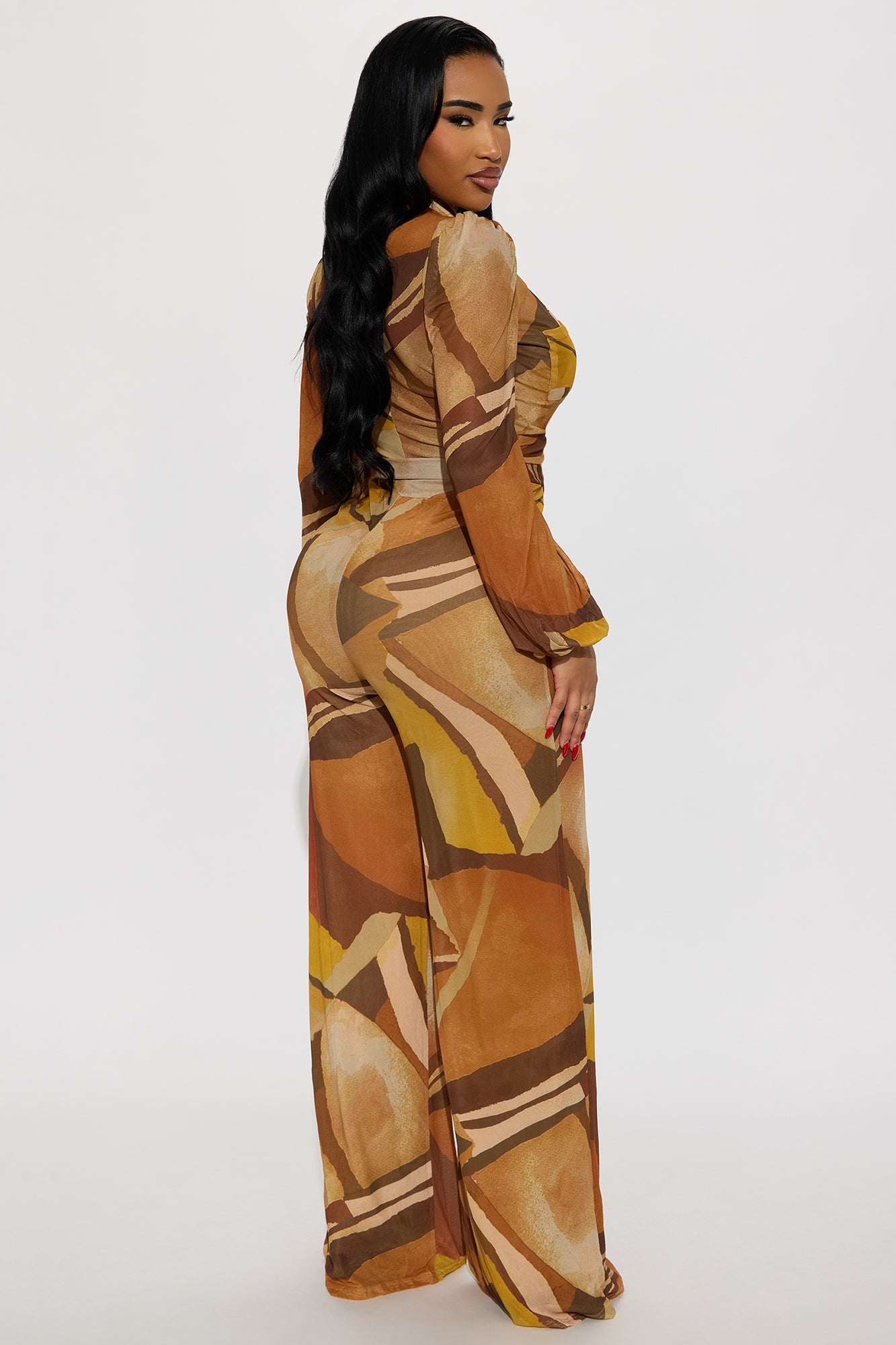 Eyes On Me Long Sleeve Mesh Jumpsuit - Rust/combo