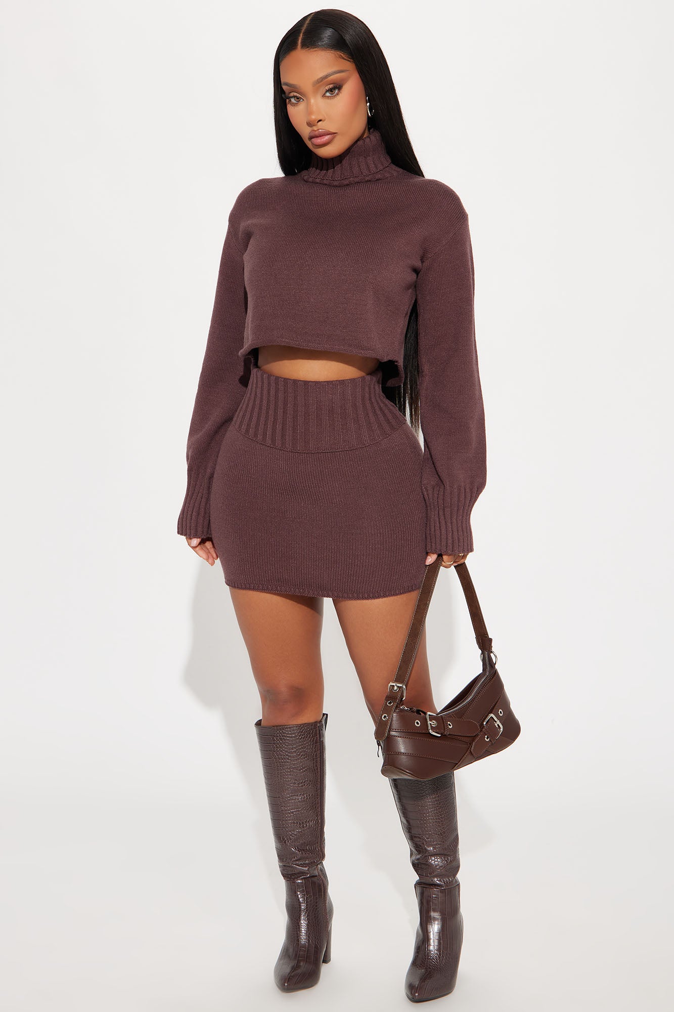 Valerie Sweater Mini Skirt Set - Brown
