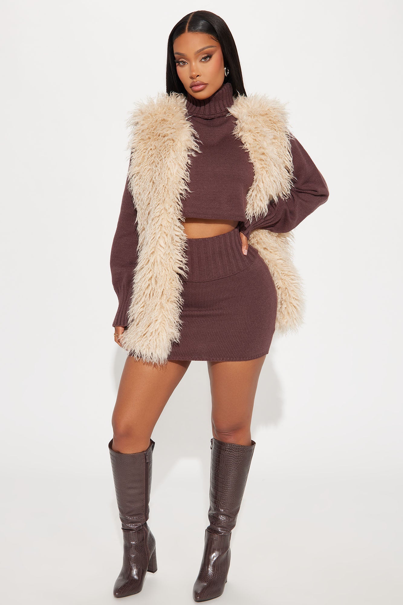 Valerie Sweater Mini Skirt Set - Brown