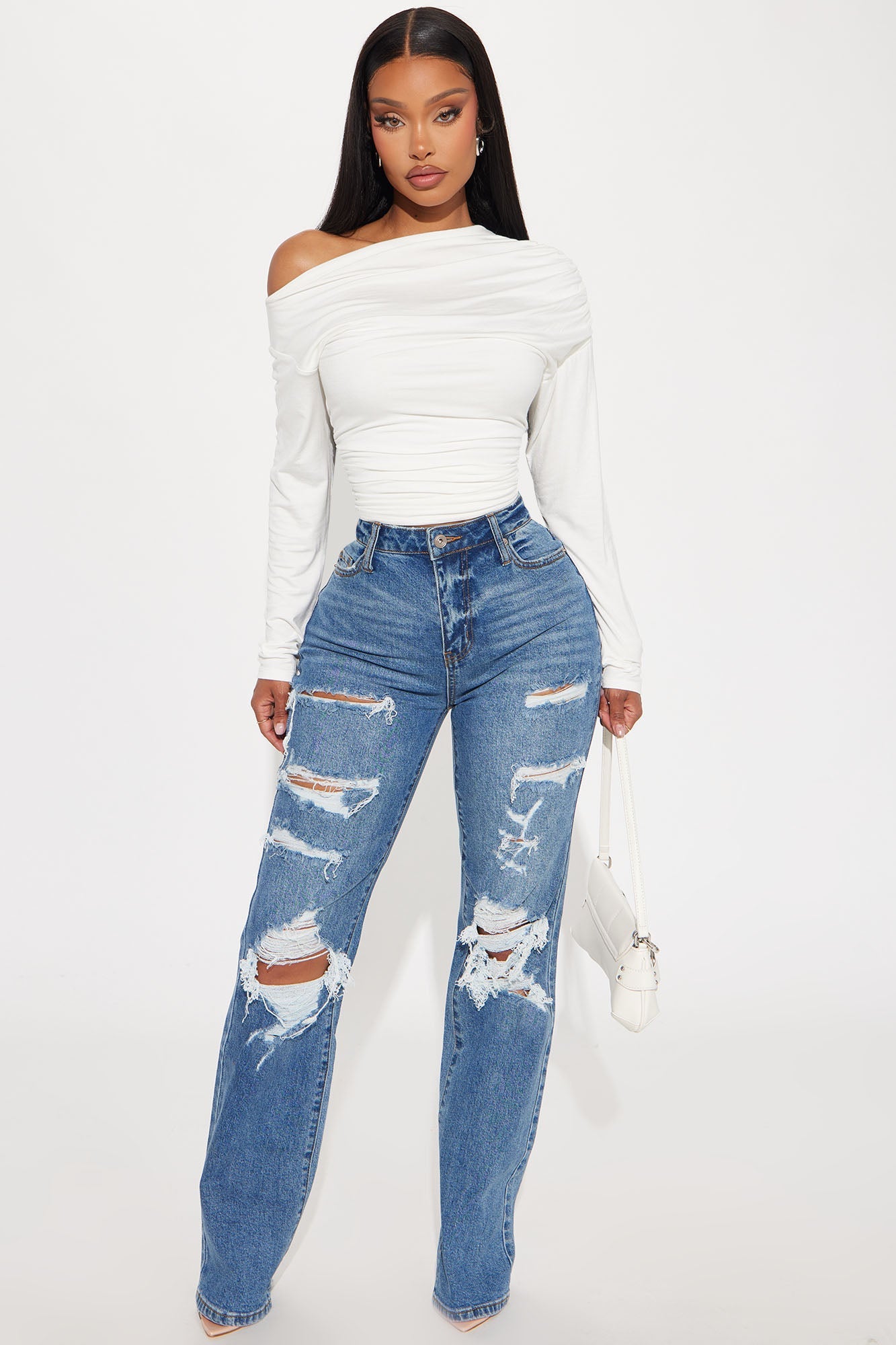 Melinna Ruched Long Sleeve Top - Ivory