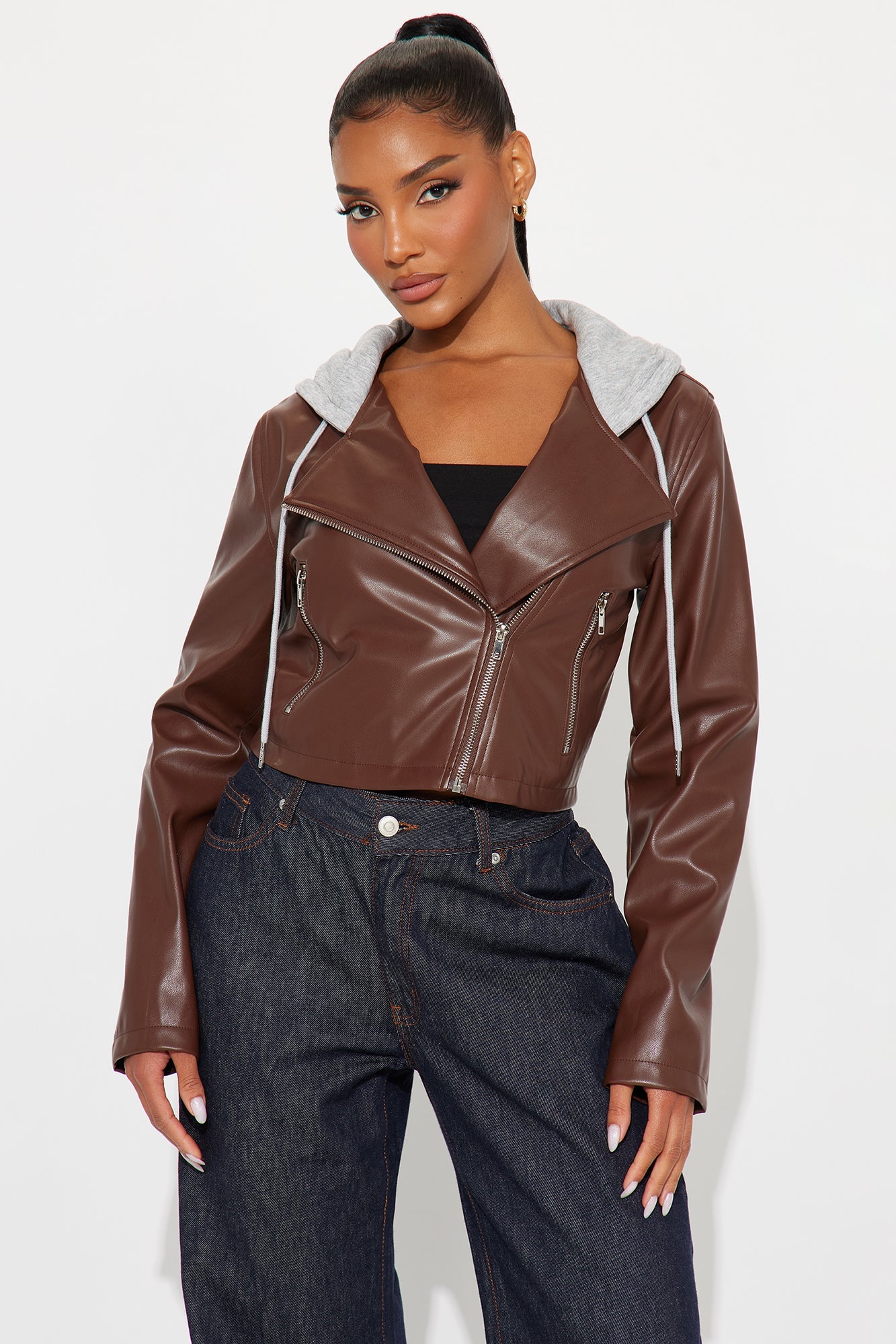 Callie Hooded Faux Leather Moto Jacket - Brown