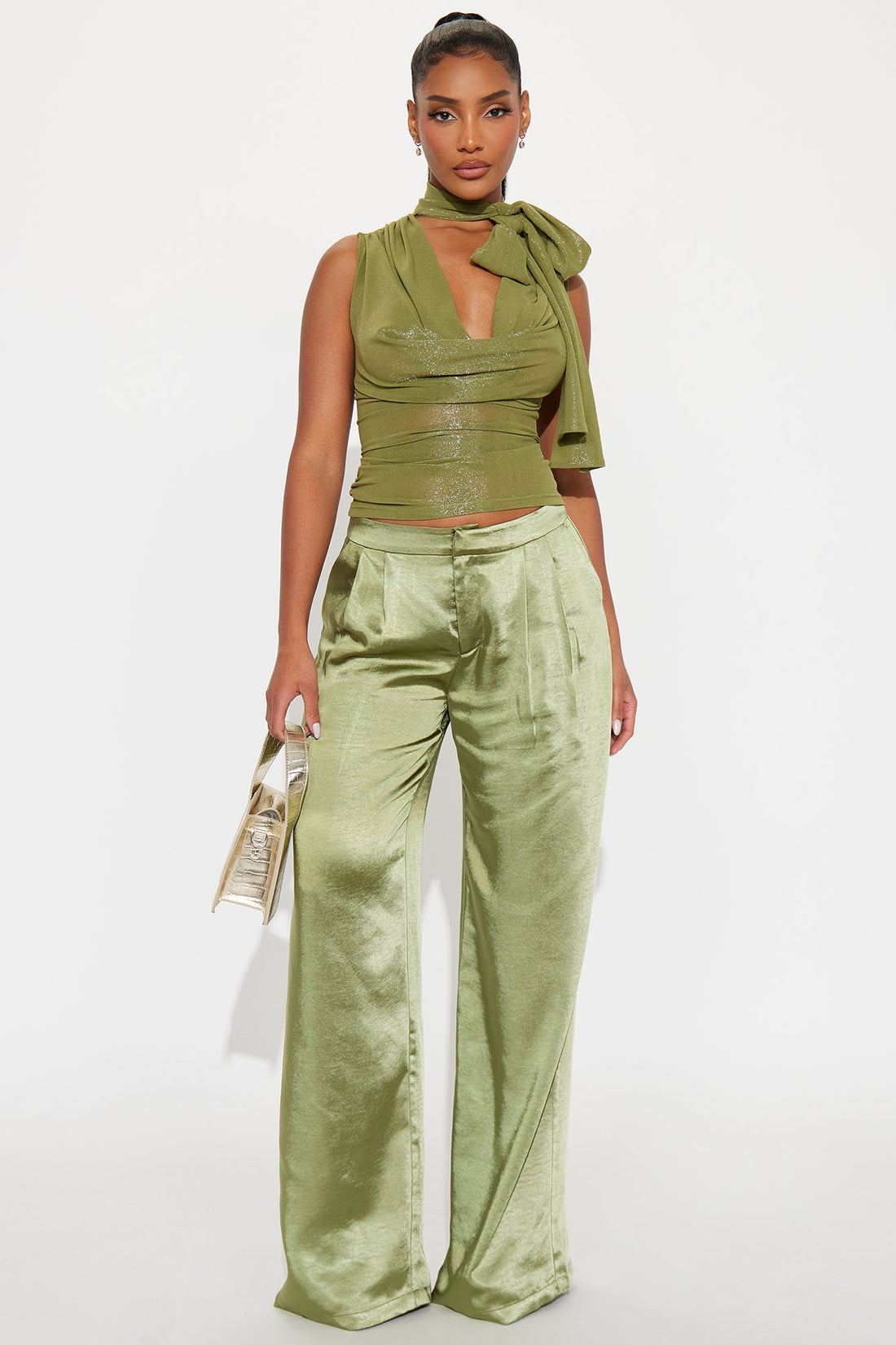 Join Me Ruched Tie Neck Top - Olive