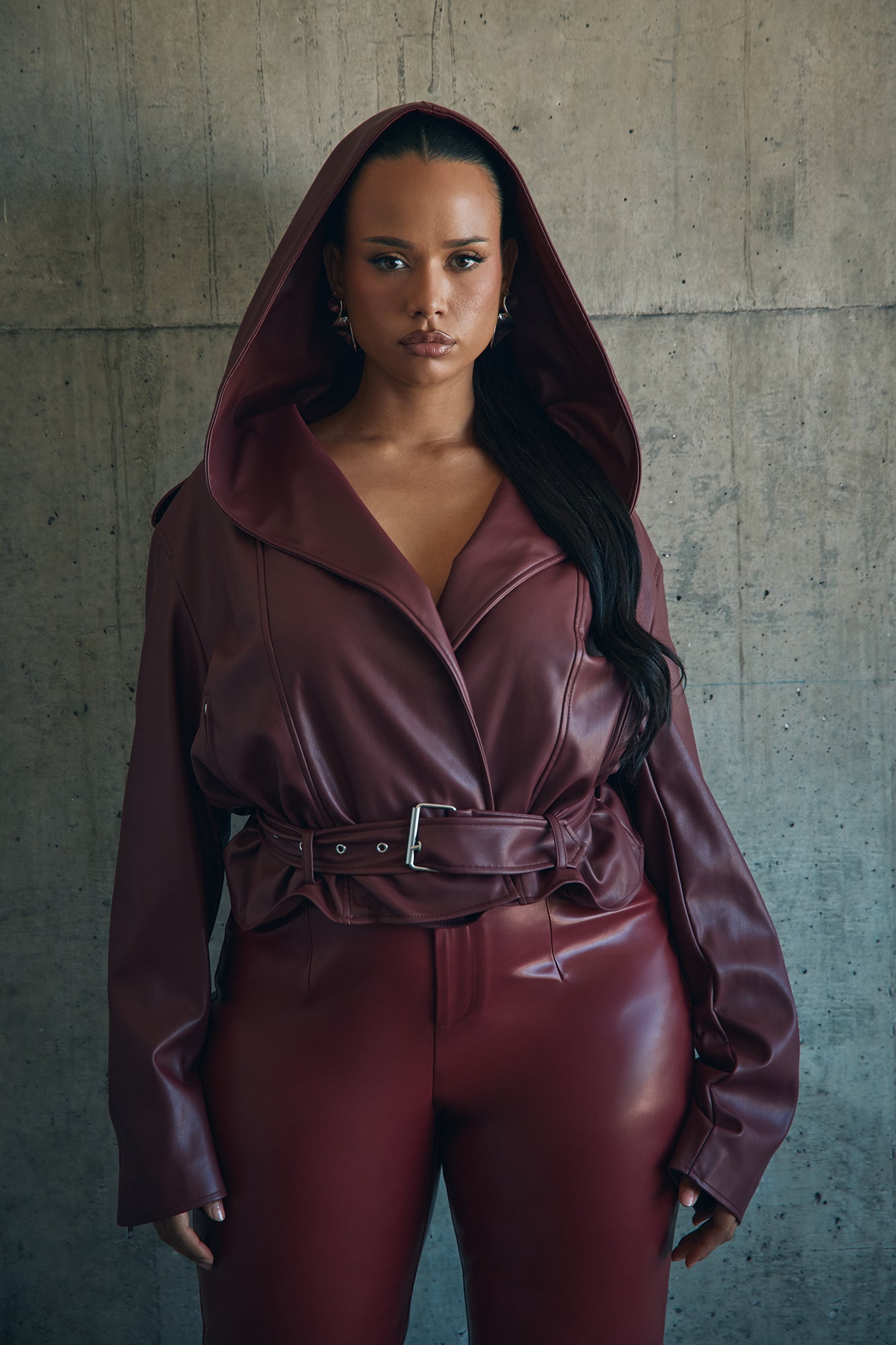 Rebel Hooded Faux Leather Moto Jacket - Burgundy