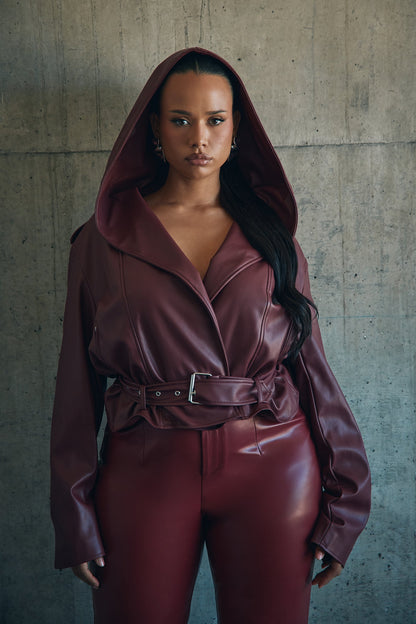 Rebel Hooded Faux Leather Moto Jacket - Burgundy