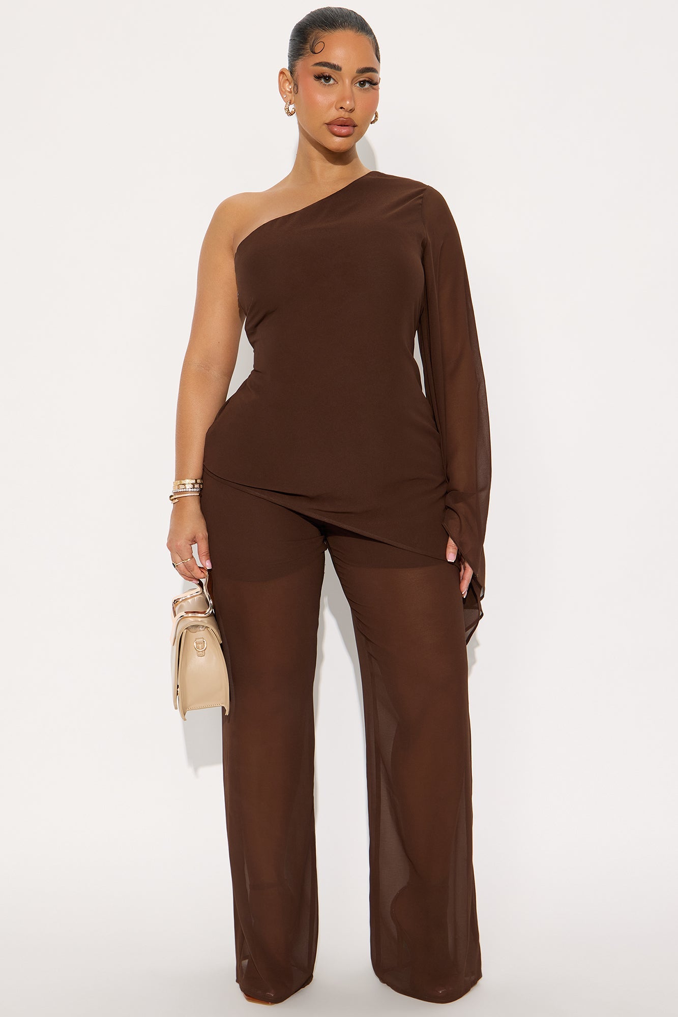 No Hard Feelings One Shoulder Chiffon Pant Set - Brown
