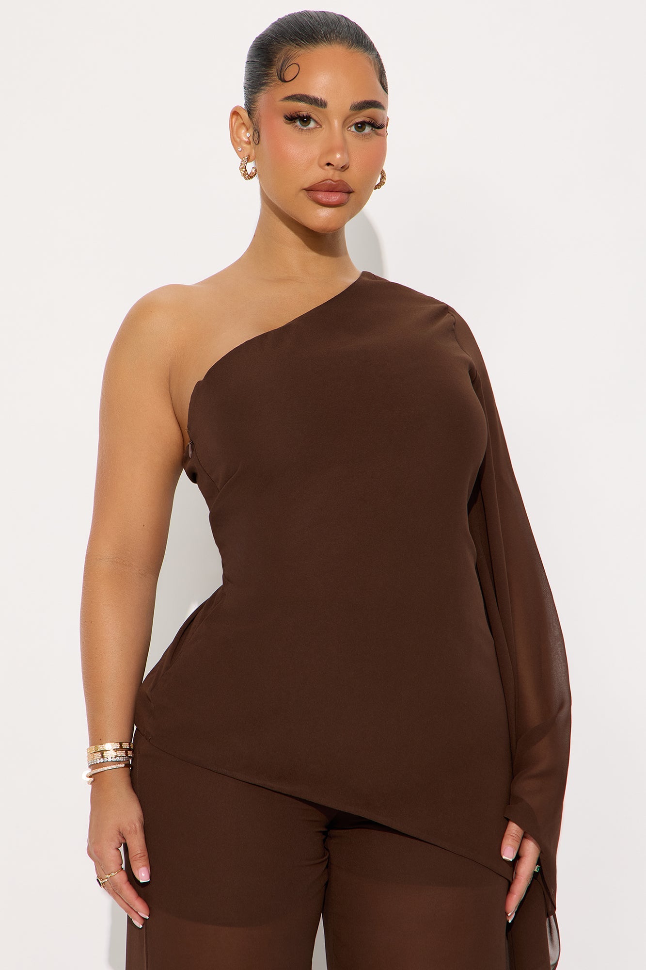 No Hard Feelings One Shoulder Chiffon Pant Set - Brown