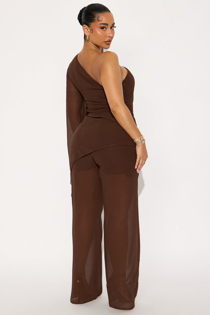 No Hard Feelings One Shoulder Chiffon Pant Set - Brown