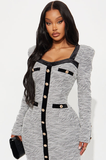 Breanne Long Sleeve Tweed Midi Dress - Black/White
