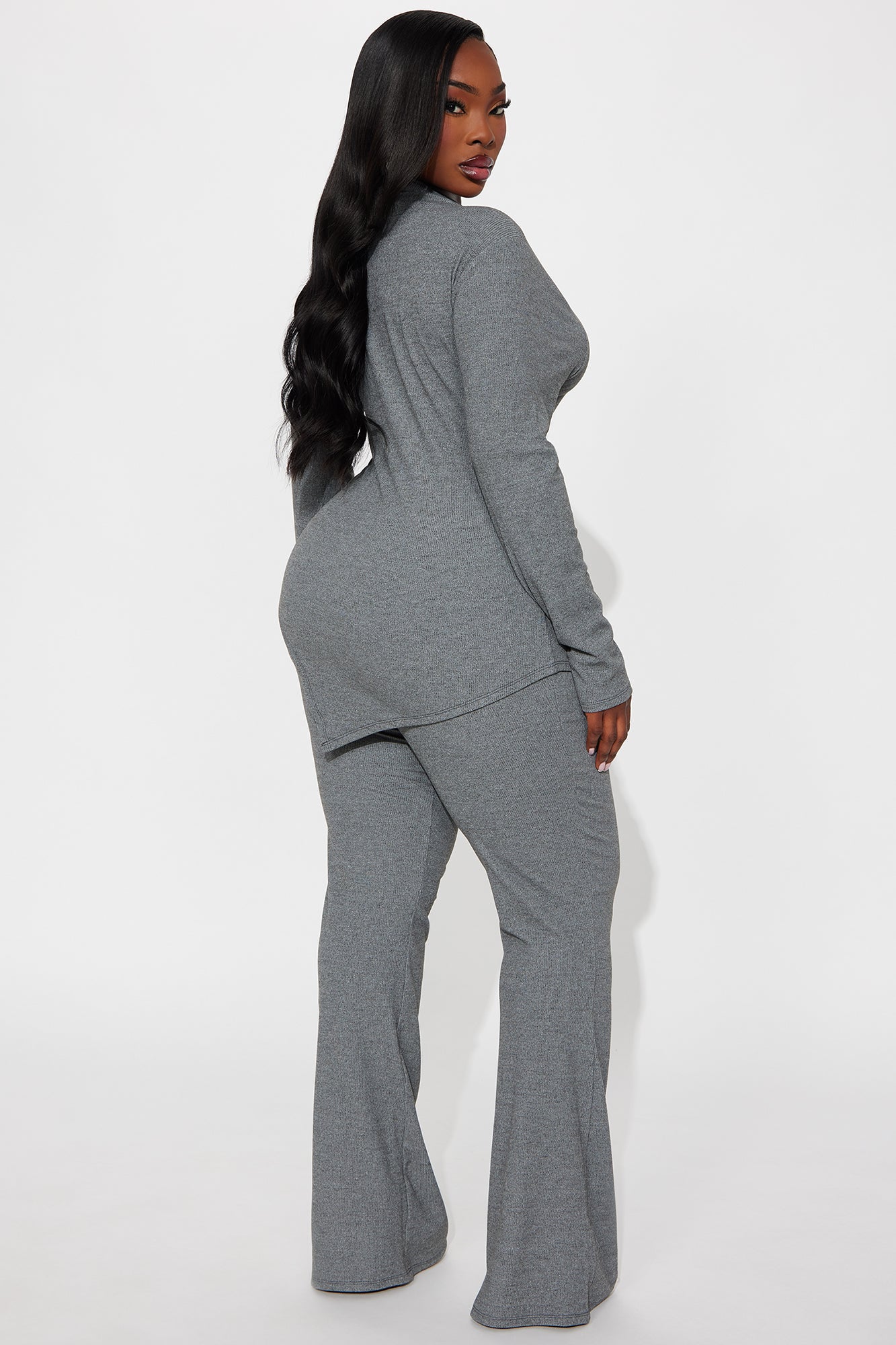 Sienna Ribbed Asymmetrical Long Sleeve Pant Set - Charcoal