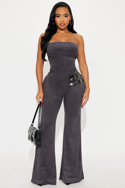 Buckle Up Faux Suede Belted Pant Set - Grey