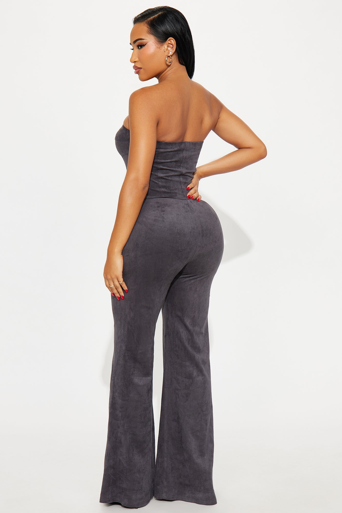 Buckle Up Faux Suede Belted Pant Set - Grey