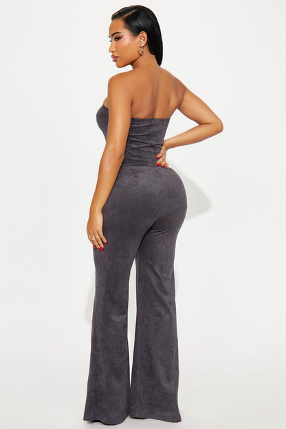 Buckle Up Faux Suede Belted Pant Set - Grey