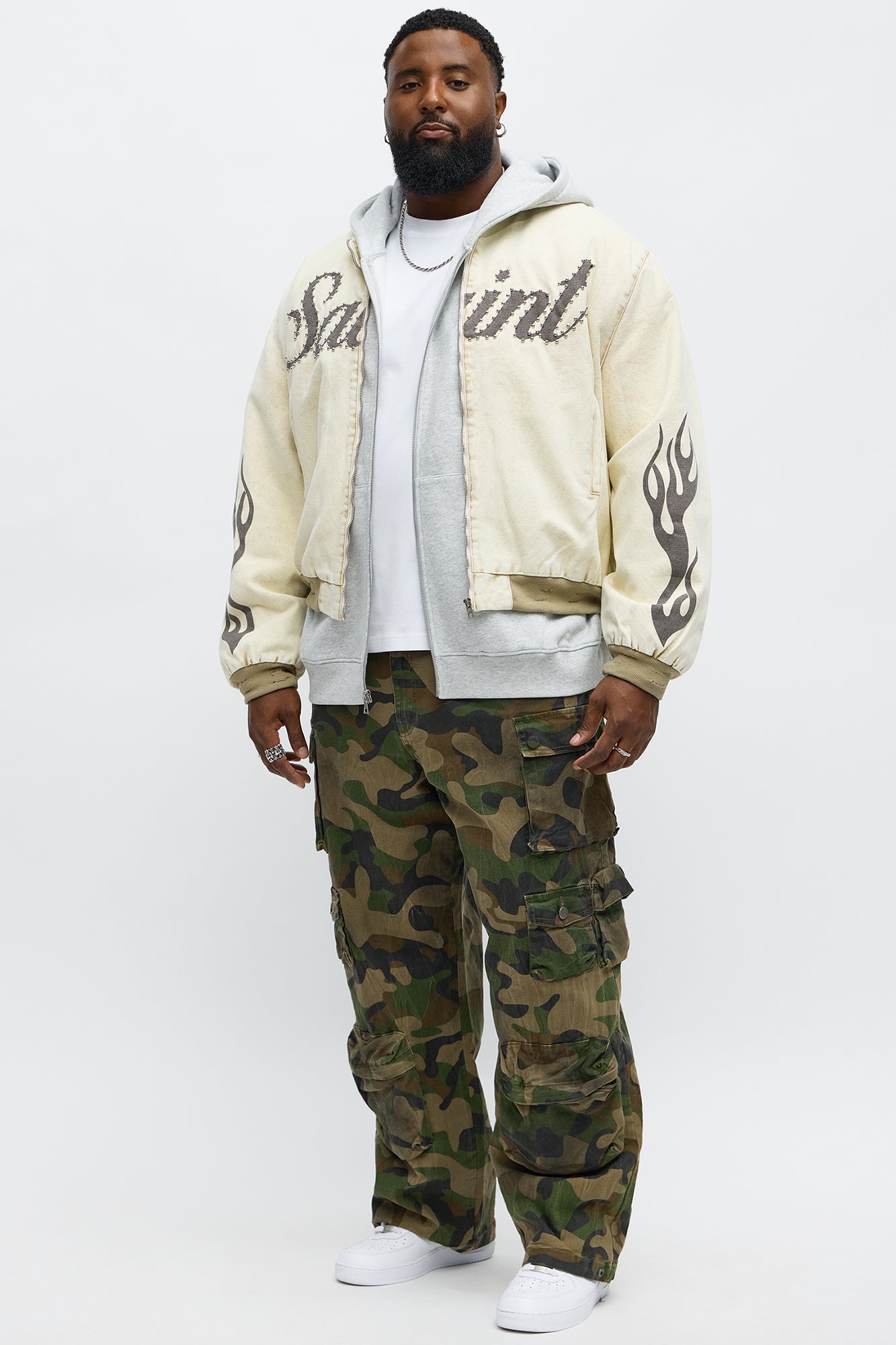Oversized Studded Saint Utility Bomber Jacket - Stone/Combo