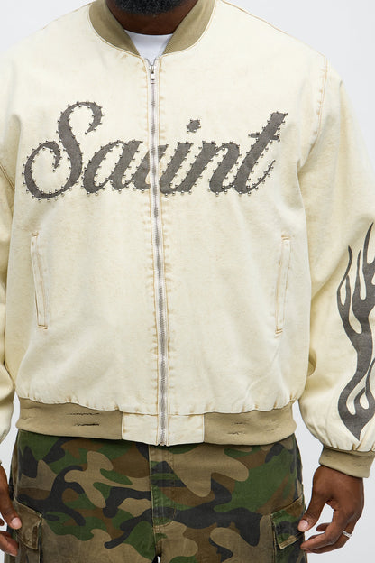 Oversized Studded Saint Utility Bomber Jacket - Stone/Combo
