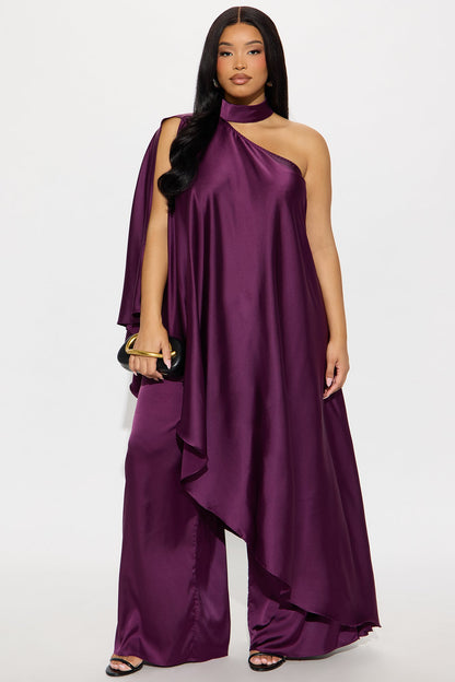 Solana Satin One Shoulder Draped Pant Set - Eggplant