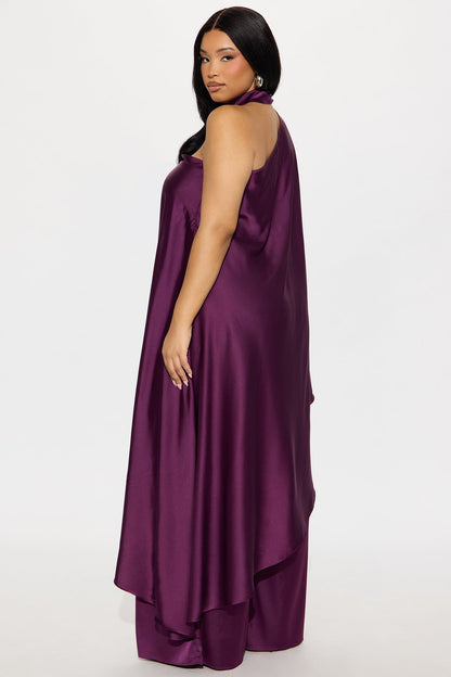 Solana Satin One Shoulder Draped Pant Set - Eggplant