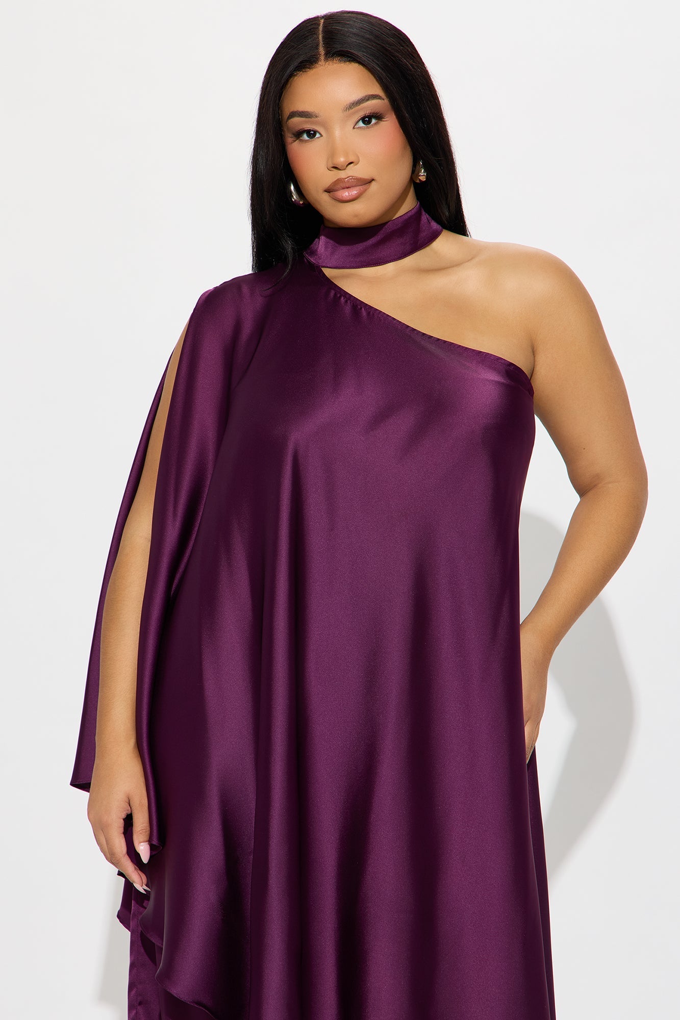 Solana Satin One Shoulder Draped Pant Set - Eggplant