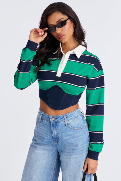 Ravenna Long Sleeve Corset Polo Top - Green/combo