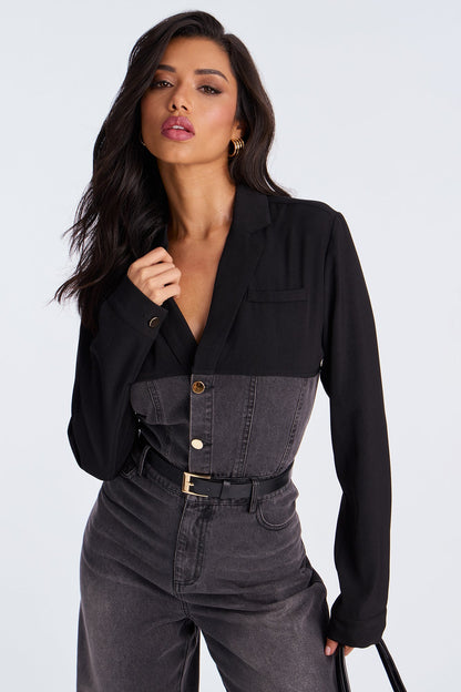 Double Identity Long Sleeve Denim Jumpsuit - Black Wash