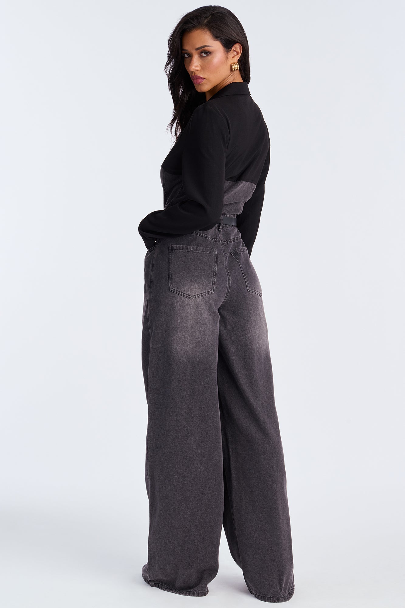 Double Identity Long Sleeve Denim Jumpsuit - Black Wash