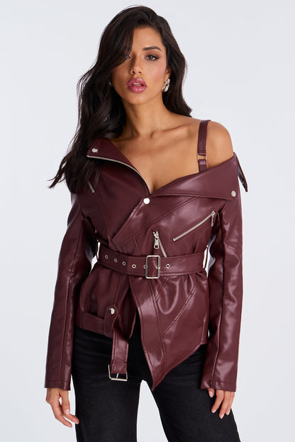 Burn Rubber Faux Leather Moto Jacket - Wine