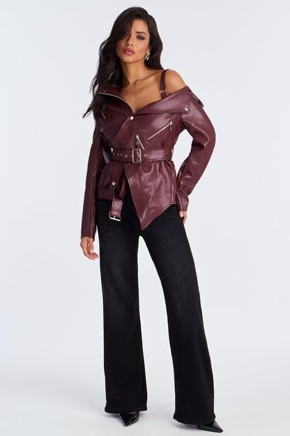 Burn Rubber Faux Leather Moto Jacket - Wine