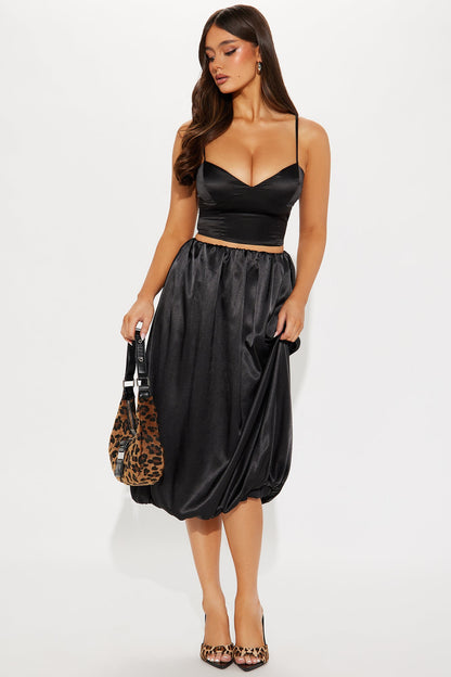Tell You More Satin Bubble Midi Skirt - Black