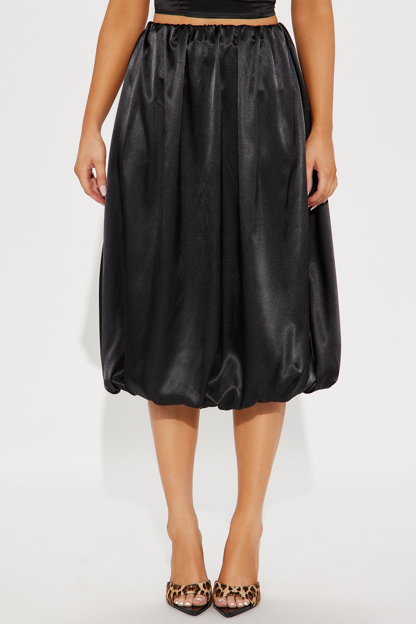 Tell You More Satin Bubble Midi Skirt - Black