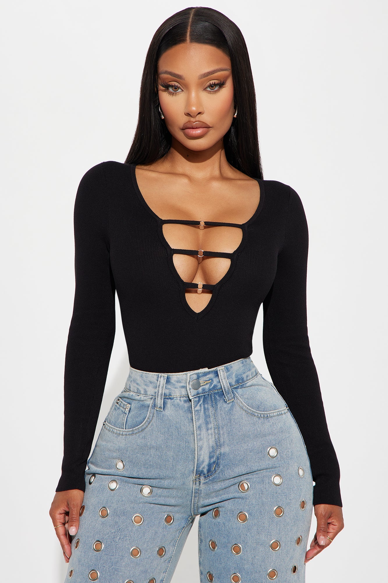 Jessi Cut Out Sweater Bodysuit - Black