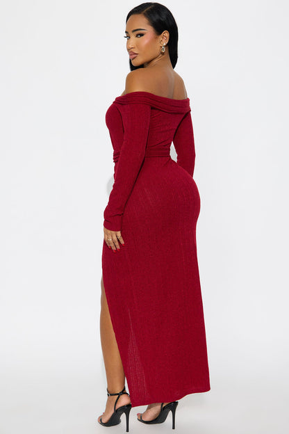 Selene Off Shoulder Sweater Maxi Dress - Burgundy