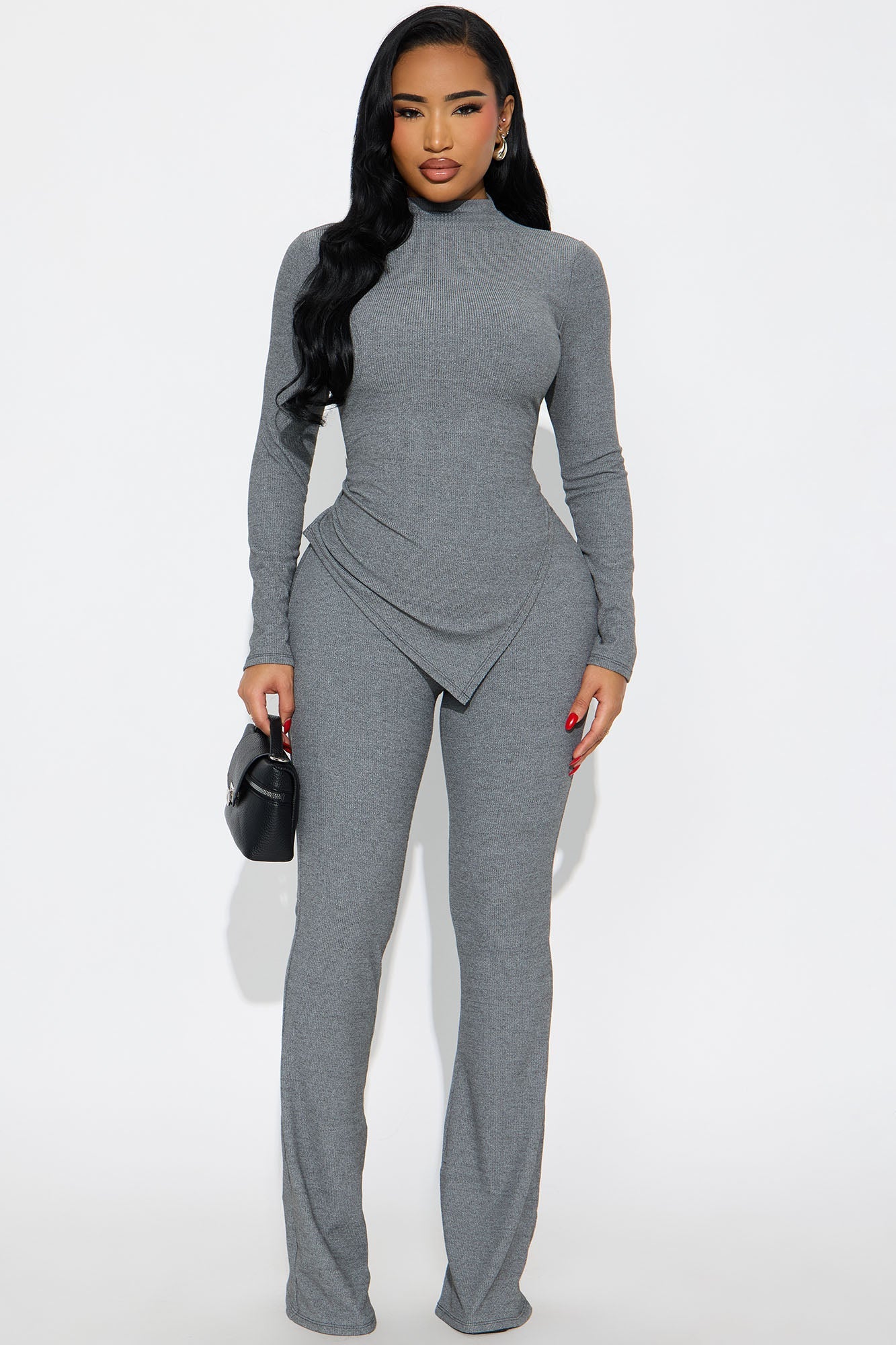 Sienna Ribbed Asymmetrical Long Sleeve Pant Set - Charcoal