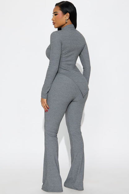 Sienna Ribbed Asymmetrical Long Sleeve Pant Set - Charcoal