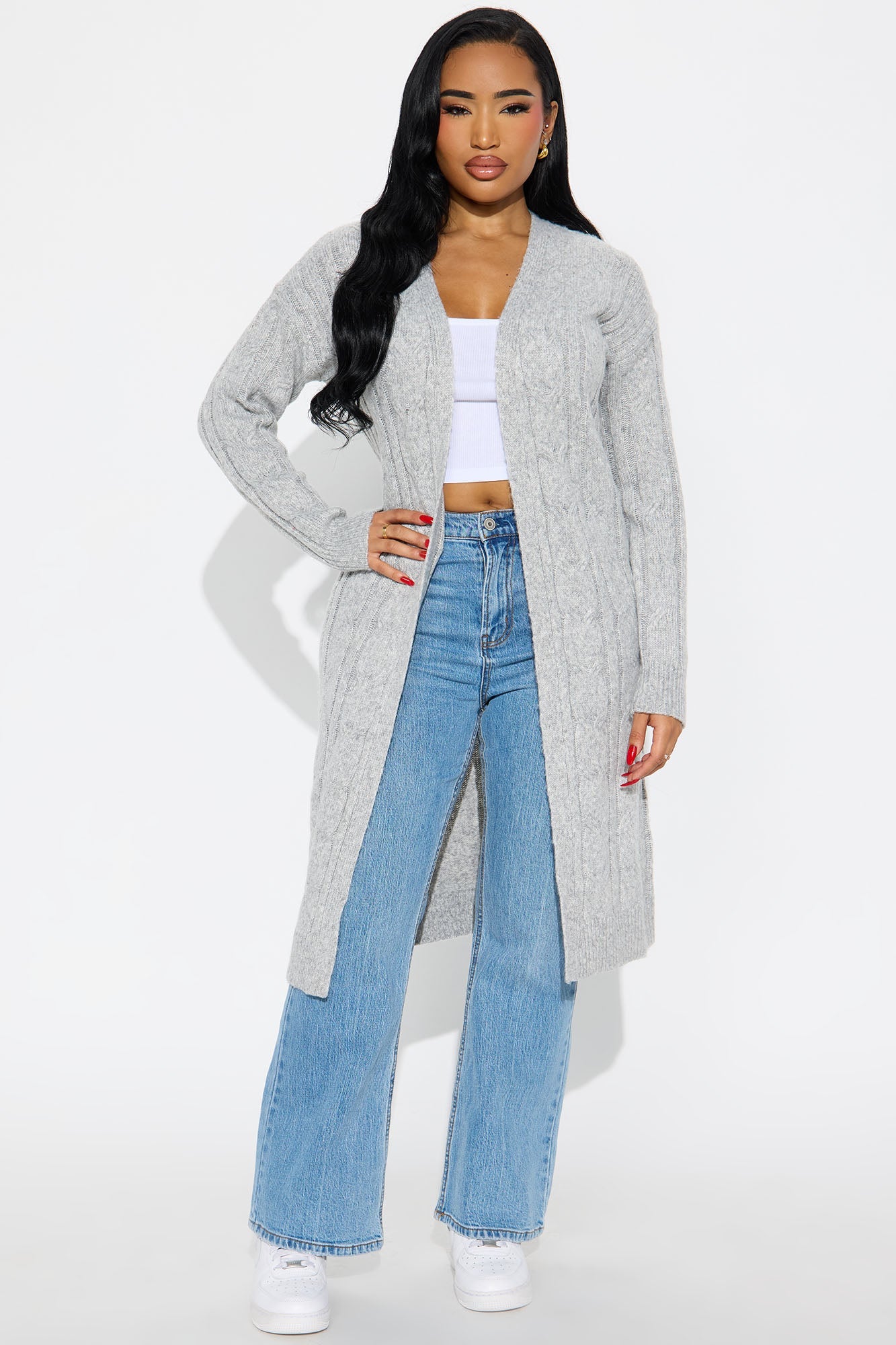 At Ease Cable Knit Long Cardigan - Heather Grey