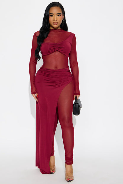 Eyes On Me Mesh Long Sleeve Jumpsuit - Burgundy
