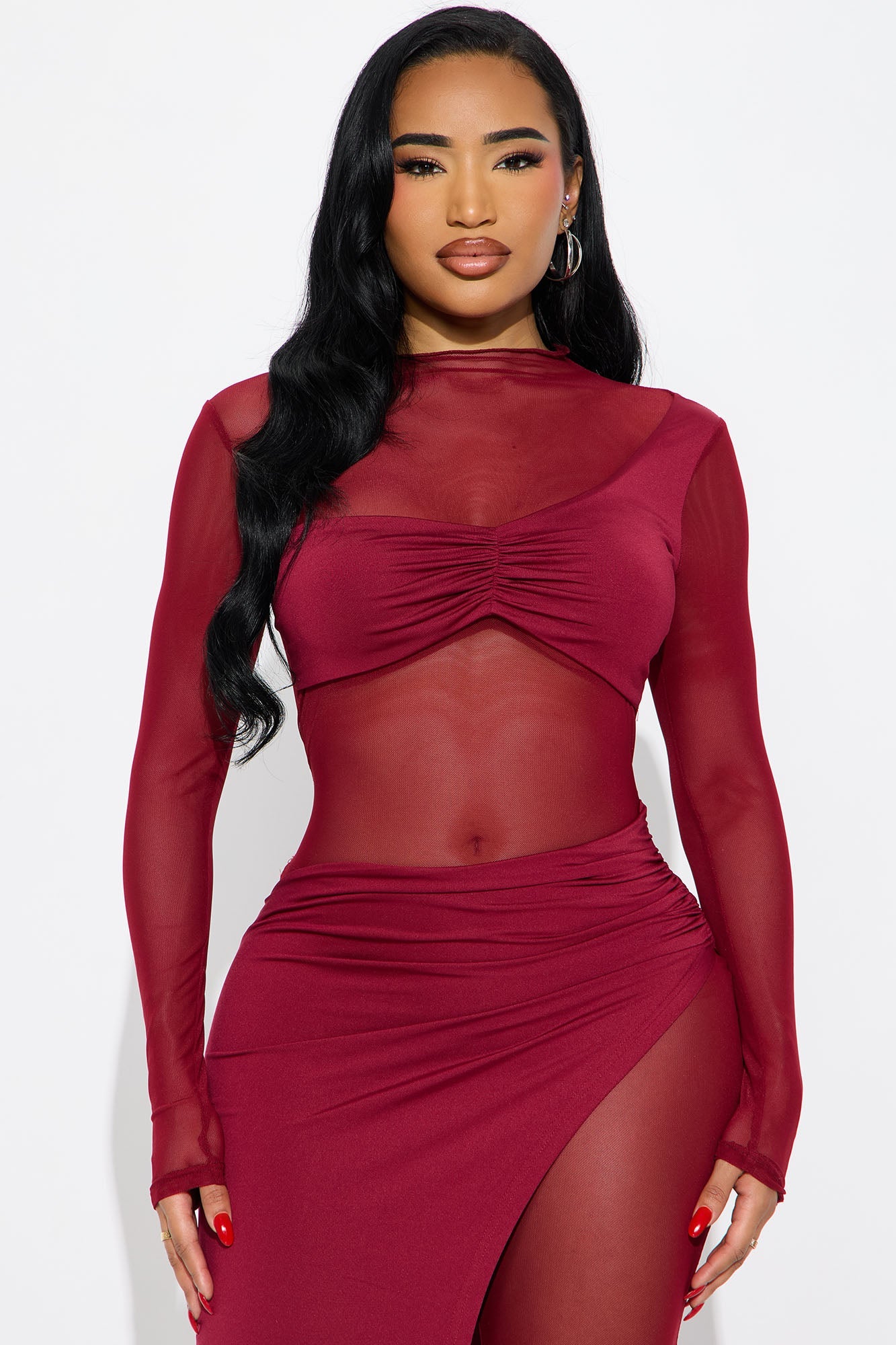 Eyes On Me Mesh Long Sleeve Jumpsuit - Burgundy