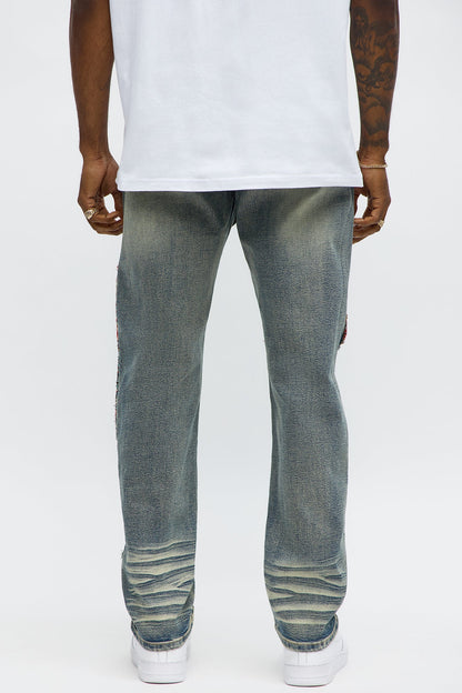 Slim Patched Tapestry Distressed Jeans - Vintage Blue Wash
