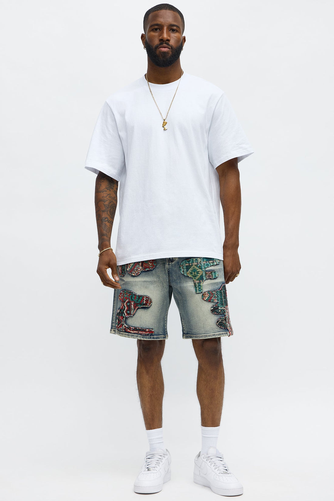 Relaxed Patched Tapestry Denim Shorts - Vintage Blue Wash