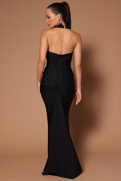 Ericka Deep V Collared Maxi Dress - Black