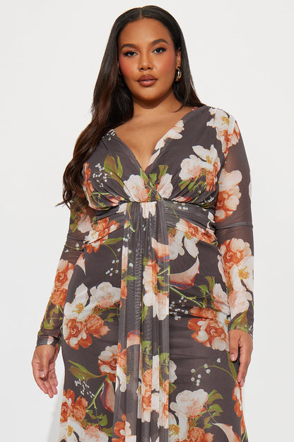 Bare Kiss Floral Mesh Maxi Dress - Dark Brown